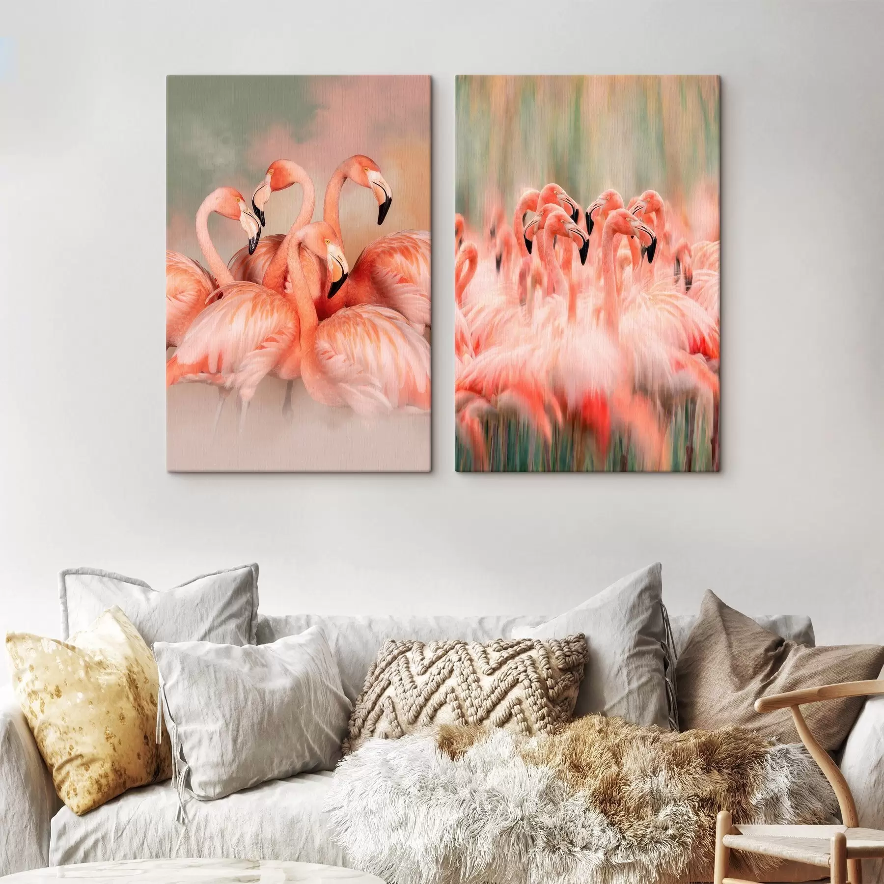 Tablouri Un diptic artistic cu flamingo roz în nuanțe pastelate, cu un efect estompat și cețos m30763
