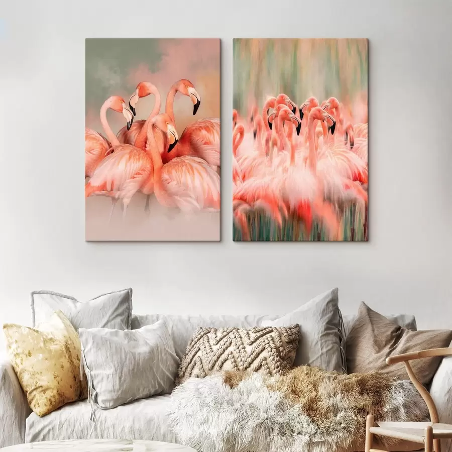Tablouri Un diptic artistic cu flamingo roz în nuanțe pastelate, cu un efect estompat și cețos m30763