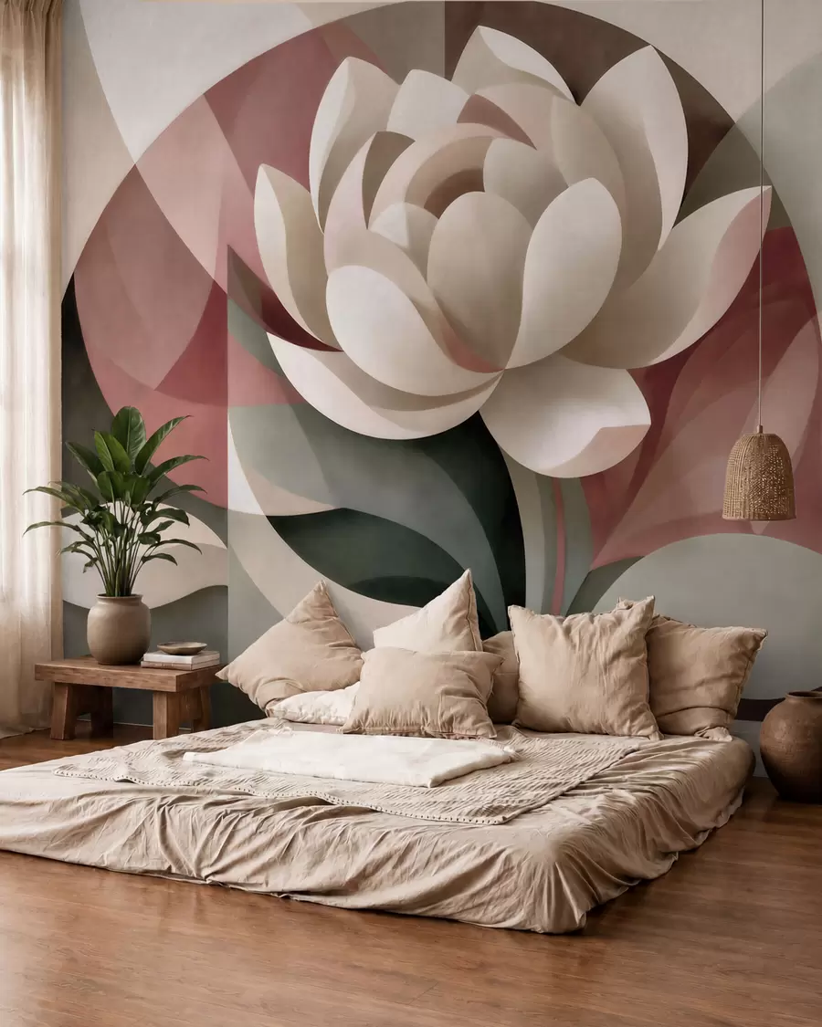 fototapet O floare abstractă de mari dimensiuni, realizată într-o tehnică geometrică fațetată, într-o paletă de culori discrete, de la pudră la smarald w10035