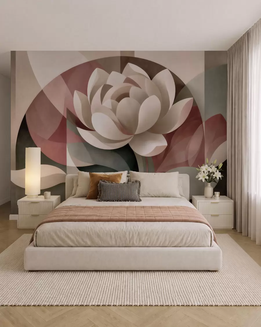 fototapet O floare abstractă de mari dimensiuni, realizată într-o tehnică geometrică fațetată, într-o paletă de culori discrete, de la pudră la smarald w10035