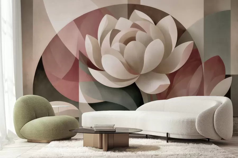 fototapet O floare abstractă de mari dimensiuni, realizată într-o tehnică geometrică fațetată, într-o paletă de culori discrete, de la pudră la smarald w10035
