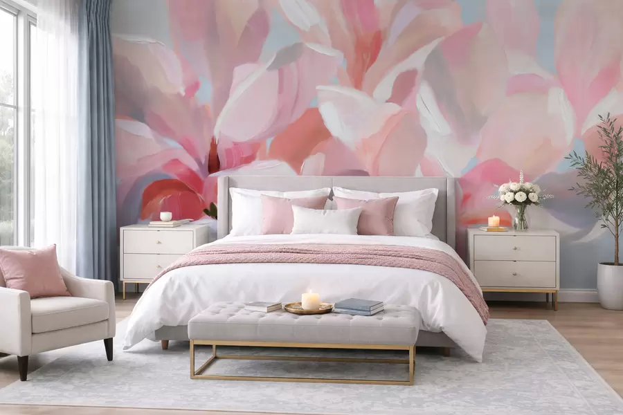 fototapet Prim-plan cu o magnolie roz, realizat cu o tehnică picturală delicată, de imitație w10043