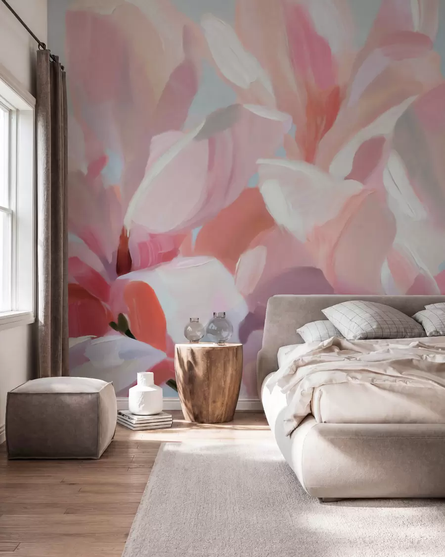 fototapet Prim-plan cu o magnolie roz, realizat cu o tehnică picturală delicată, de imitație w10043