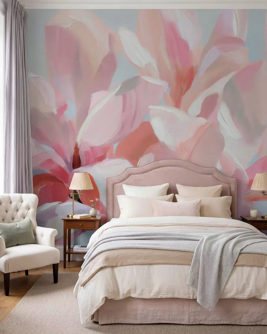 fototapet Prim-plan cu o magnolie roz, realizat cu o tehnică picturală delicată, de imitație w10043