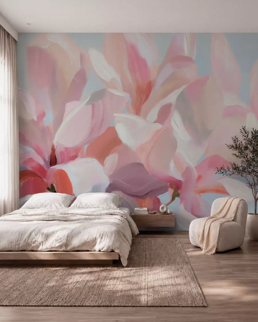 fototapet Prim-plan cu o magnolie roz, realizat cu o tehnică picturală delicată, de imitație w10043