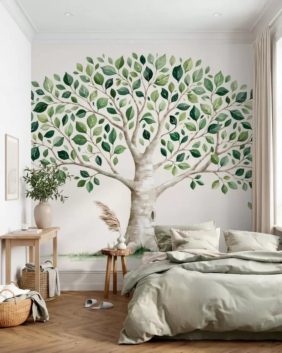 fototapet Copac cu frunziș verde, în stil acuarelă, minimalist w10046