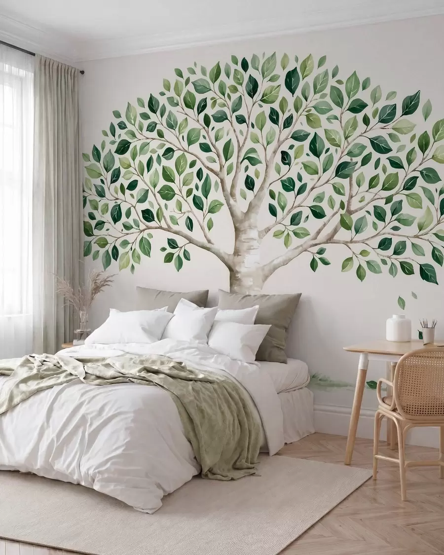 fototapet Copac cu frunziș verde, în stil acuarelă, minimalist w10046