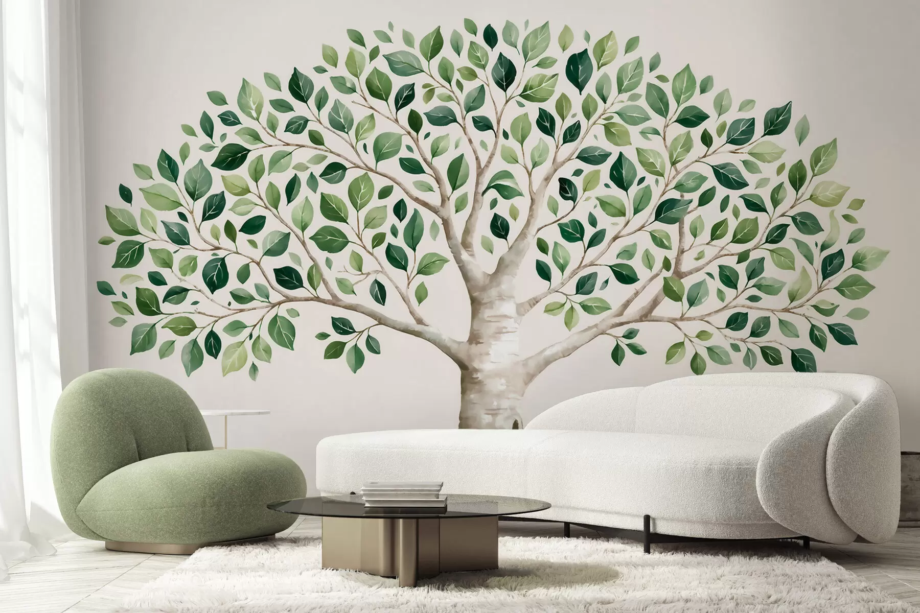fototapet Copac cu frunziș verde, în stil acuarelă, minimalist w10046