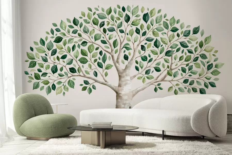 fototapet Copac cu frunziș verde, în stil acuarelă, minimalist w10046