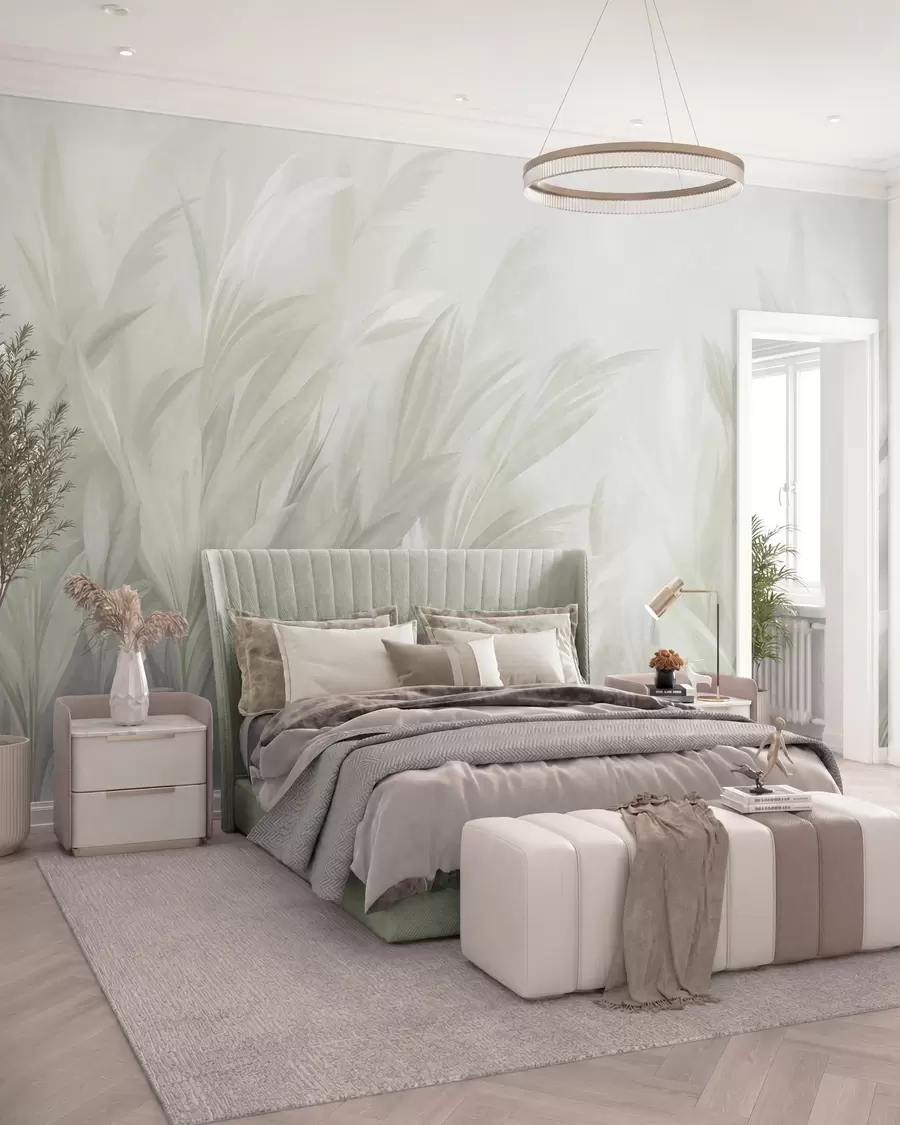 fototapet Iarbă înaltă și pufoasă, în nuanțe delicate de verde pastel, pe un fundal cu textură ușoară w10060v1