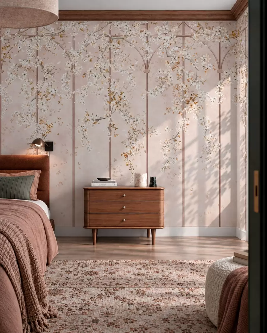 fototapet Ramuri albe înflorite pe un spalier decorativ w05923