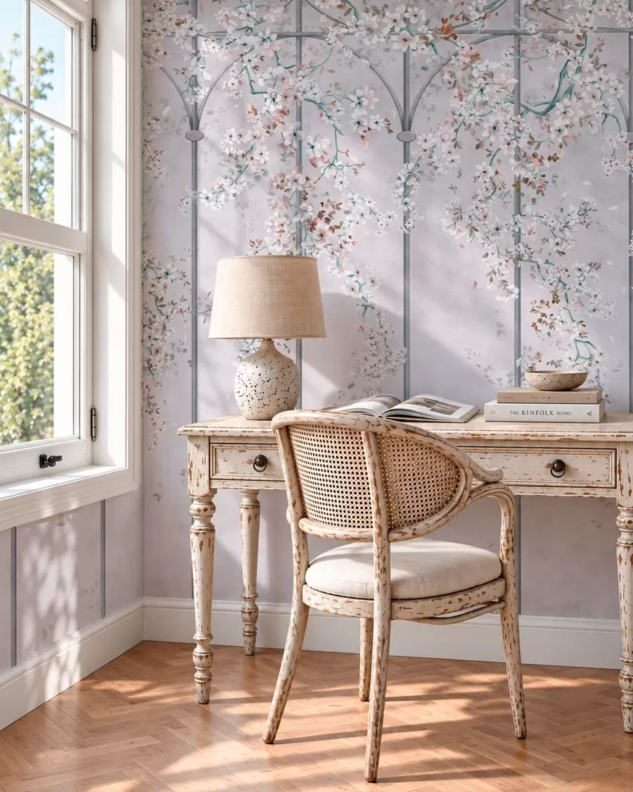 fototapet Ramuri cu flori albe pe un spalier decorativ albastru și gri w05923v1