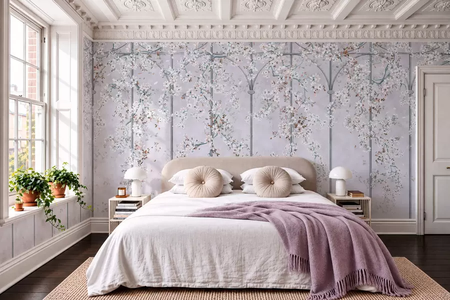 fototapet Ramuri cu flori albe pe un spalier decorativ albastru și gri w05923v1