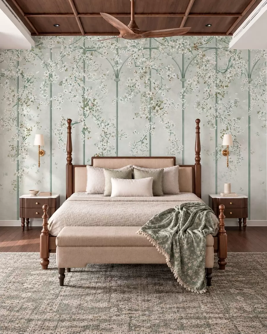 fototapet Ramuri cu flori albe pe un spalier decorativ verde w05923v2