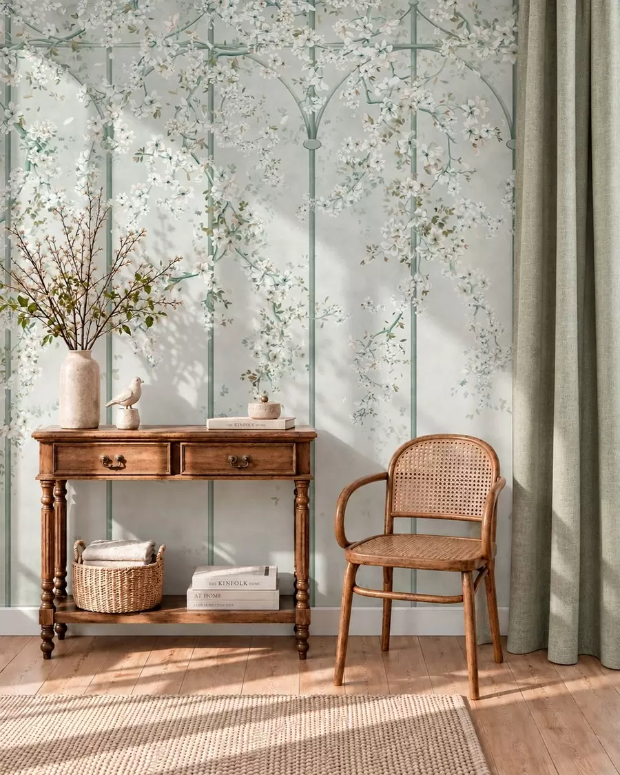 fototapet Ramuri cu flori albe pe un spalier decorativ verde w05923v2