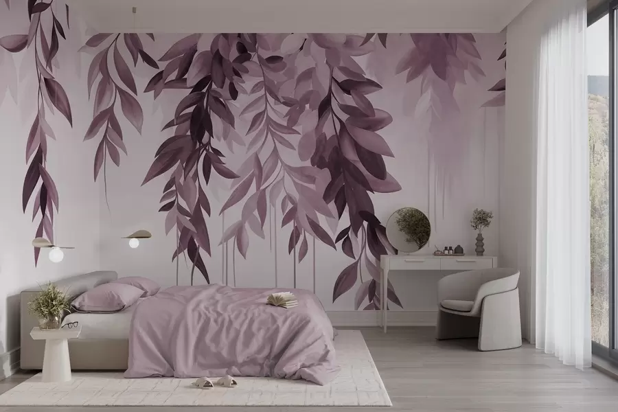 fototapet Frunze abstracte suspendate, în nuanțe de violet și roz, cu tulpini lungi și subțiri w10057v1