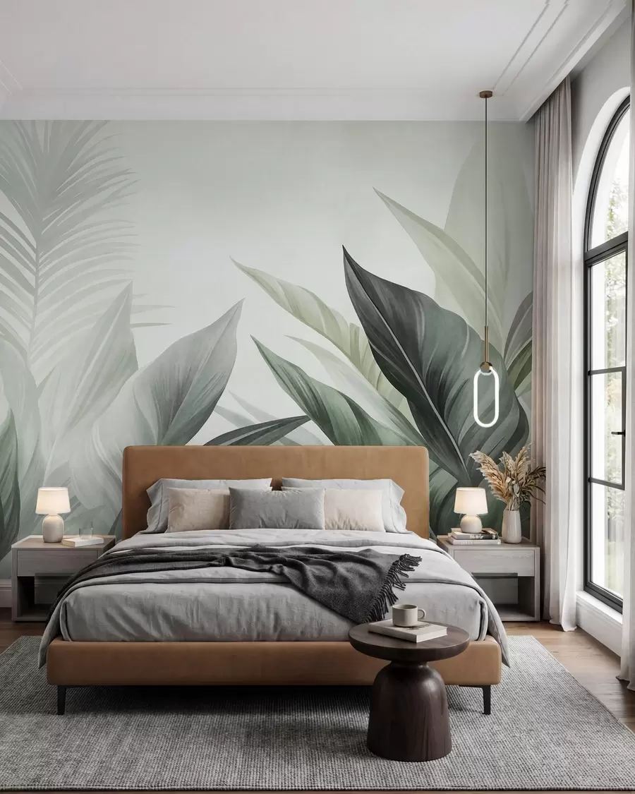 fototapet Frunze tropicale în nuanțe de verde, cu textură și de dimensiuni mari, artă modernă w10055v2