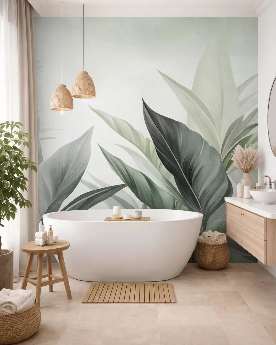 fototapet Frunze tropicale în nuanțe de verde, cu textură și de dimensiuni mari, artă modernă w10055v2
