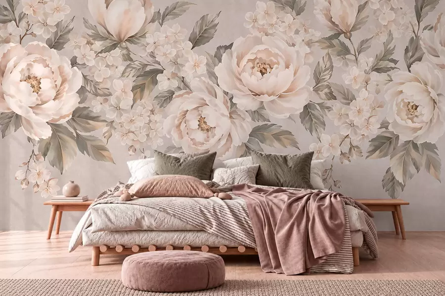 fototapet Flori delicate, de culoarea cremei, și frunze verzi, într-o paletă de culori pastelate w05926