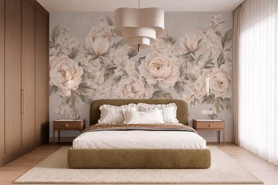 fototapet Flori delicate, de culoarea cremei, și frunze verzi, într-o paletă de culori pastelate w05926