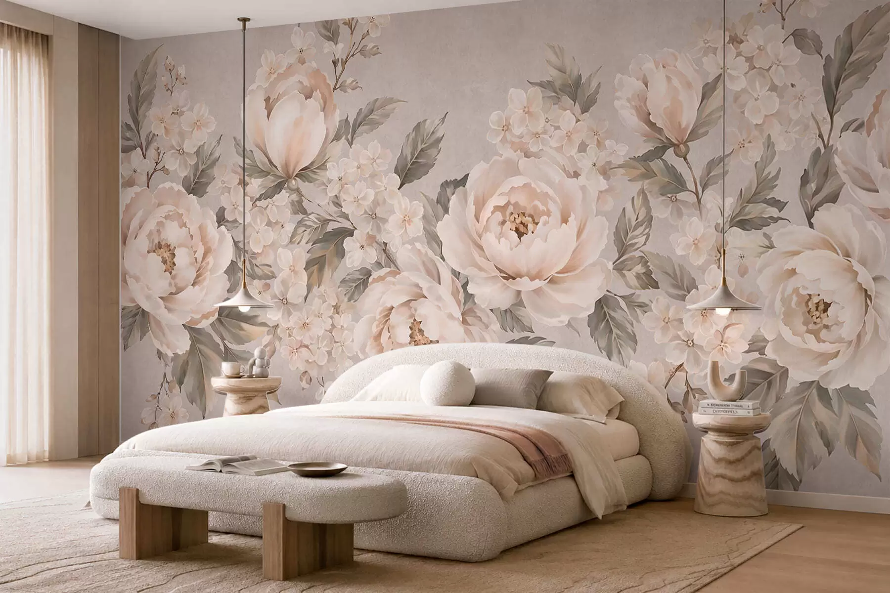 fototapet Flori delicate, de culoarea cremei, și frunze verzi, într-o paletă de culori pastelate w05926