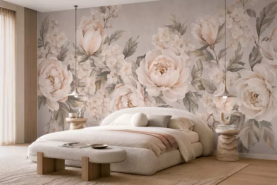 fototapet Flori delicate, de culoarea cremei, și frunze verzi, într-o paletă de culori pastelate w05926