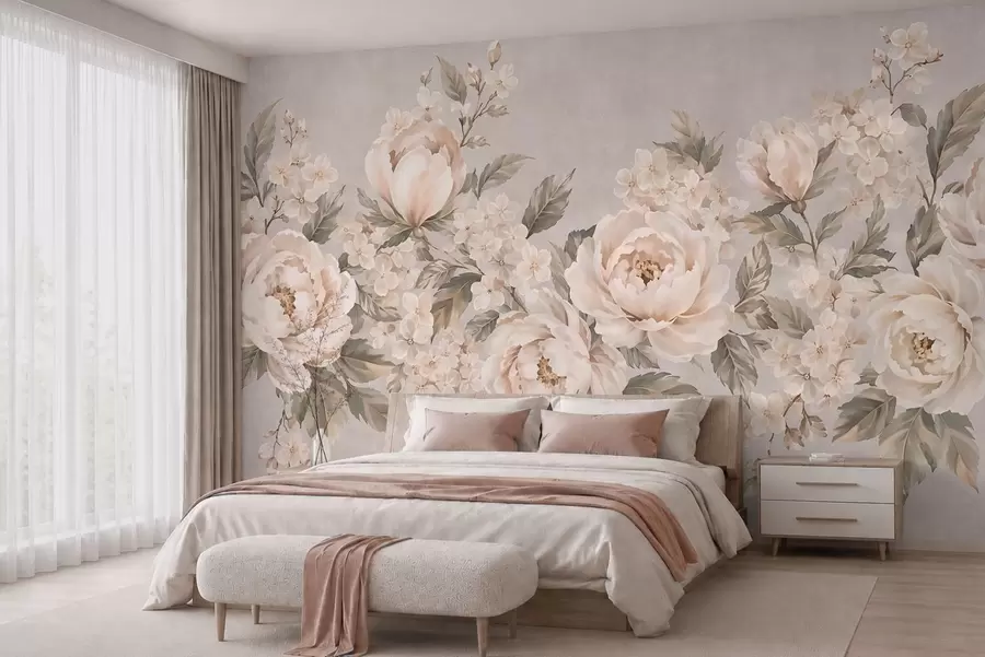 fototapet Flori delicate, de culoarea cremei, și frunze verzi, într-o paletă de culori pastelate w05926