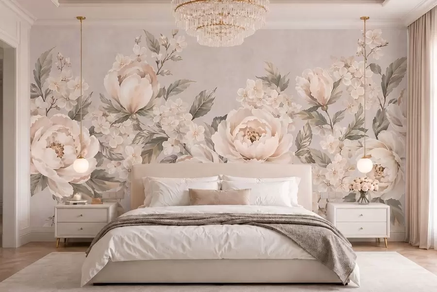 fototapet Flori delicate, de culoarea cremei, și frunze verzi, într-o paletă de culori pastelate w05926