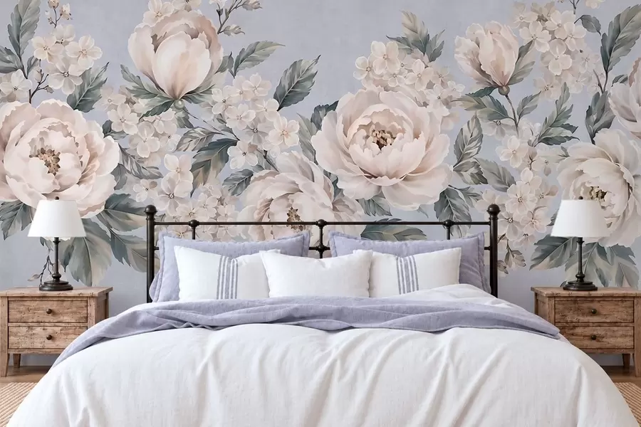 fototapet Flori delicate, de culoare pală, cu frunze, pe un fundal albastru w05926v1