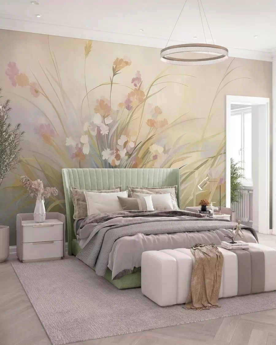 fototapet Iarbă înaltă și flori de câmp în nuanțe pastelate delicate, artă cu textură w10062