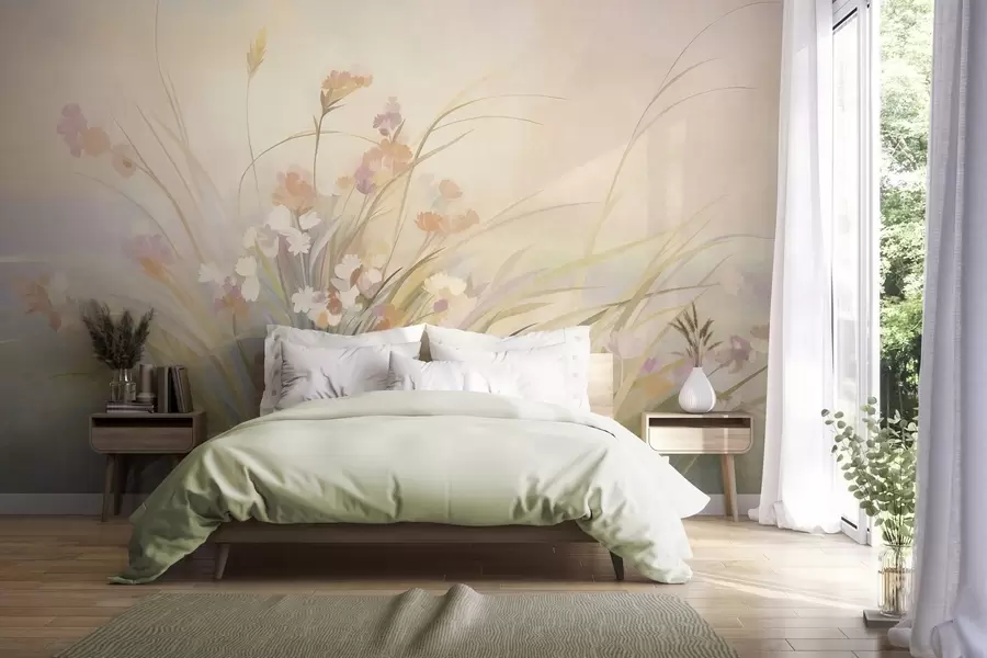 fototapet Iarbă înaltă și flori de câmp în nuanțe pastelate delicate, artă cu textură w10062