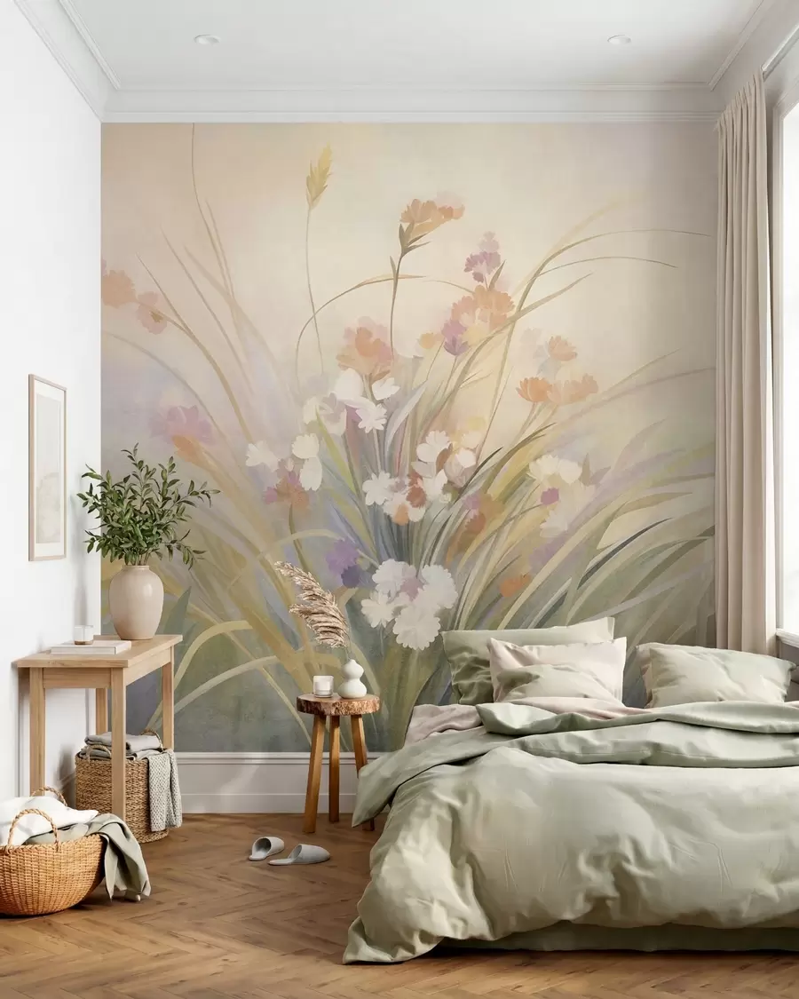 fototapet Iarbă înaltă și flori de câmp în nuanțe pastelate delicate, artă cu textură w10062