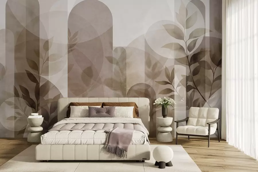 fototapet Elemente geometrice abstracte și frunze delicate în nuanțe discrete de maro și bej w10088