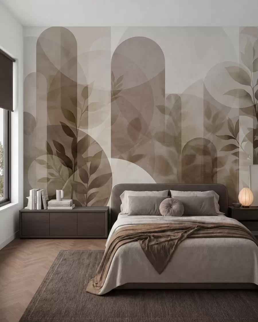 fototapet Elemente geometrice abstracte și frunze delicate în nuanțe discrete de maro și bej w10088