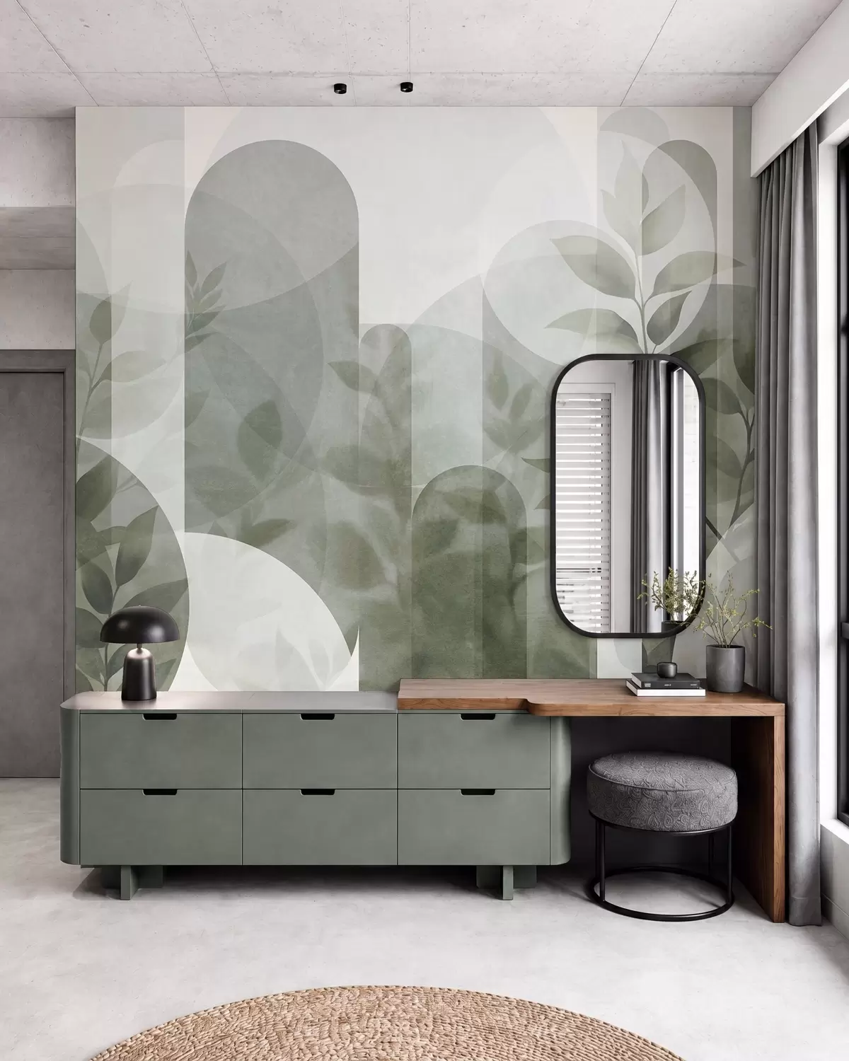 fototapet Elemente geometrice abstracte și frunze delicate într-o nuanță de verde discretă w10088v1