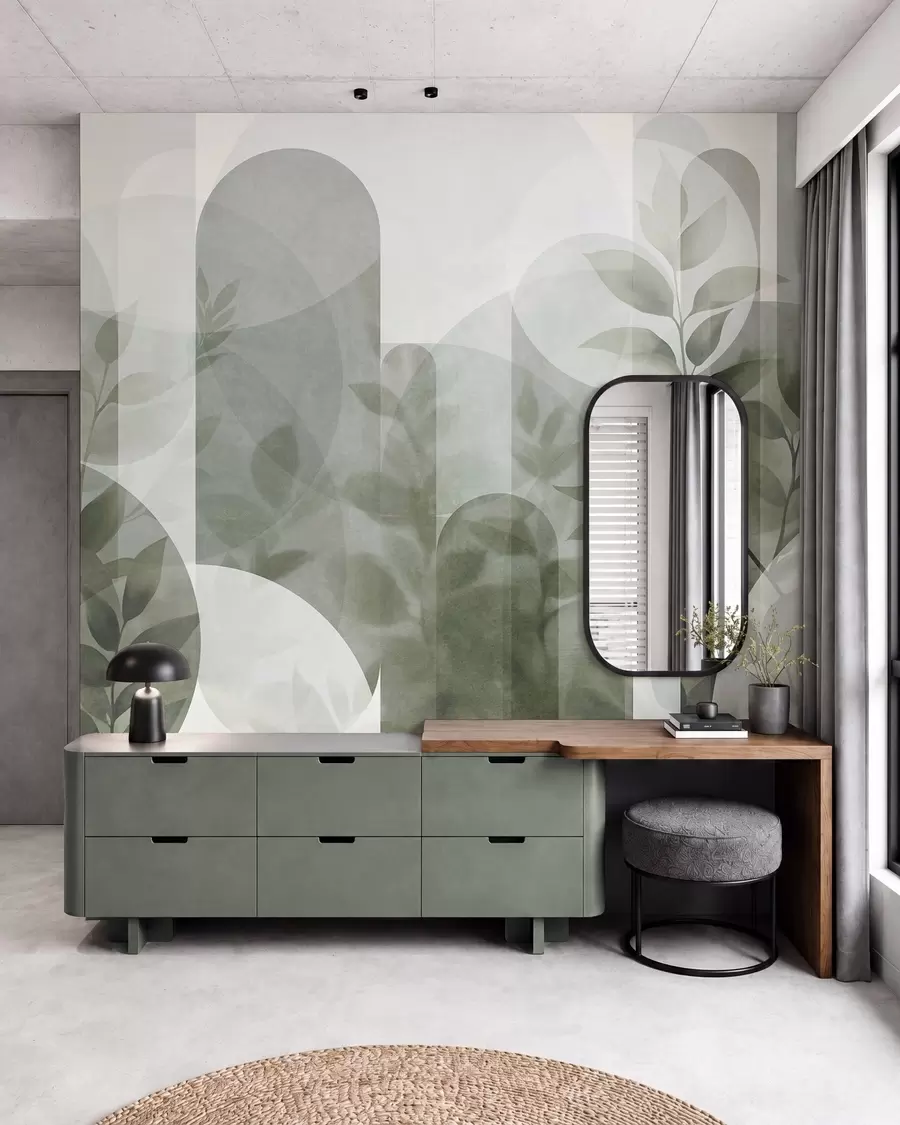 fototapet Elemente geometrice abstracte și frunze delicate într-o nuanță de verde discretă w10088v1