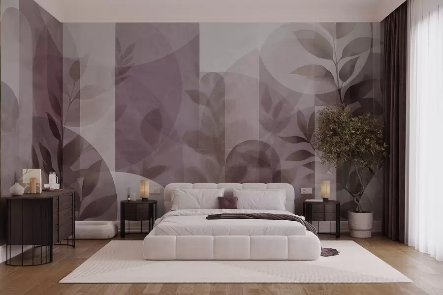 fototapet Elemente geometrice abstracte și frunze delicate într-o nuanță de roz discret w10088v2