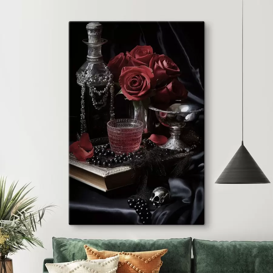 fototapet Natură moartă în stil vintage cu pahare și trandafiri s50915