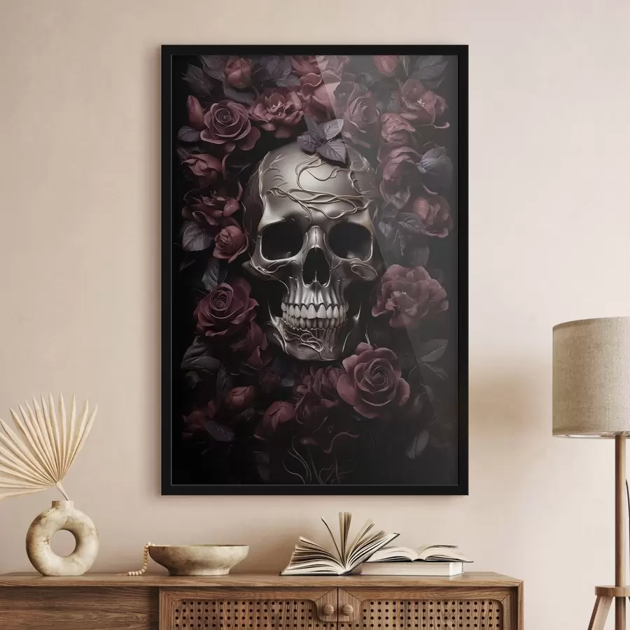 fototapet Relieful misterios al unui craniu în trandafiri de Burgundia f50914