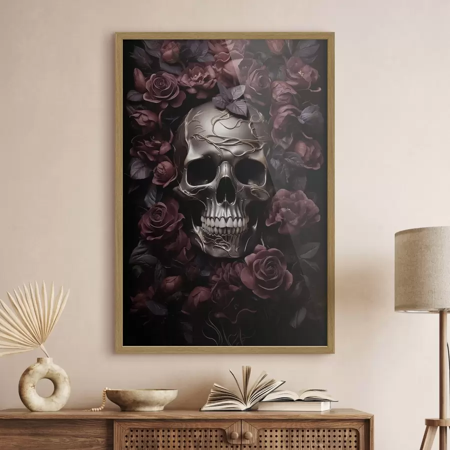 fototapet Relieful misterios al unui craniu în trandafiri de Burgundia f50914