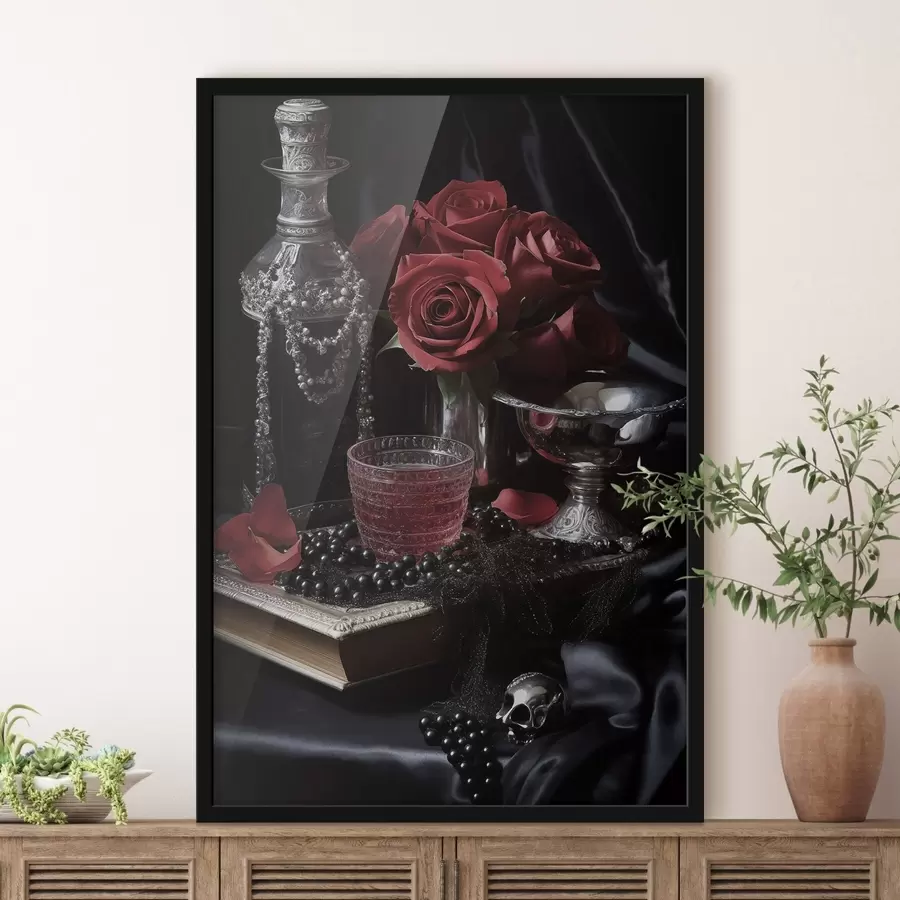 fototapet Natură moartă în stil vintage cu pahare și trandafiri f50915
