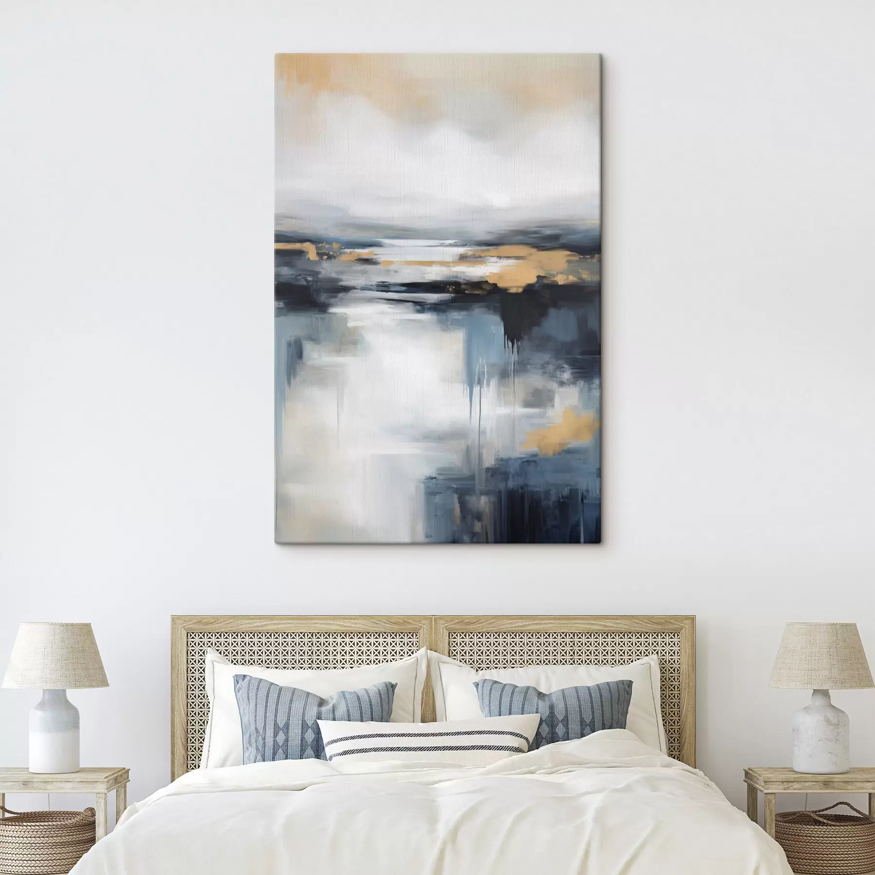 Tablouri Peisaj abstract în nuanțe de albastru, gri și galben, cu textură care imită pictura s50945