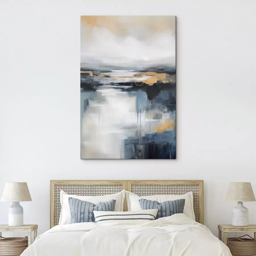 Tablouri Peisaj abstract în nuanțe de albastru, gri și galben, cu textură care imită pictura s50945