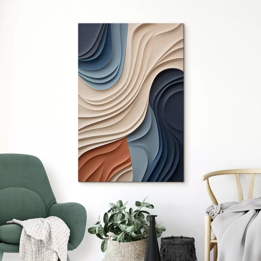 Tablouri Straturi abstracte, ondulate, în nuanțe de crem, albastru și portocaliu, artă modernă cu textură s50949