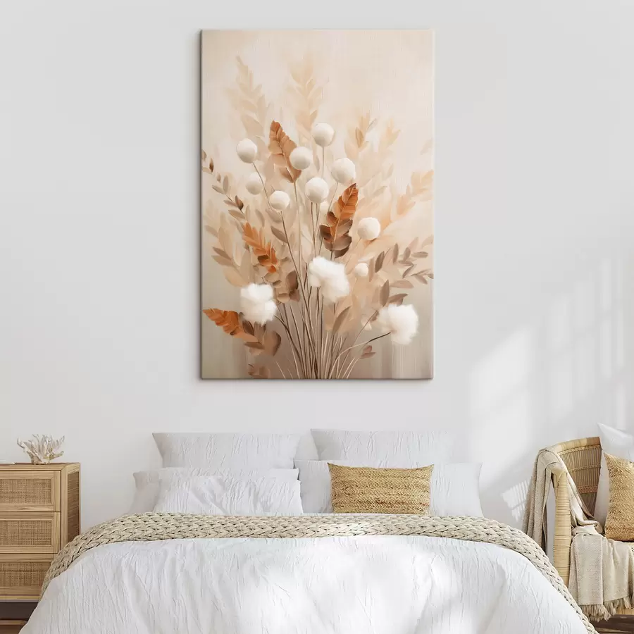 Tablouri Un buchet de flori albe, pufoase, și frunze uscate de portocal, în culori delicate și discrete s50951