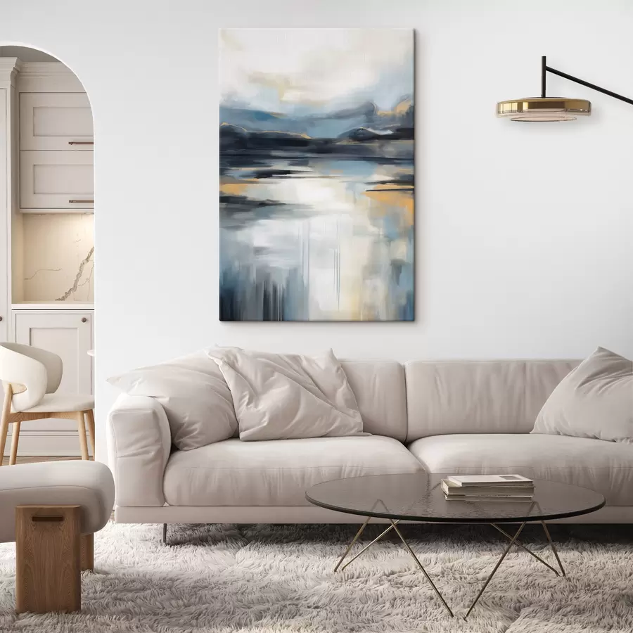 Tablouri Peisaj abstract în nuanțe de albastru, gri și galben, cu textură care imită pictura s50946