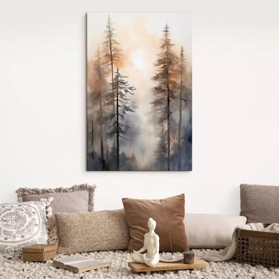 Tablouri Pini înalți, peisaj forestier scăldat într-o lumină caldă, portocalie s50960