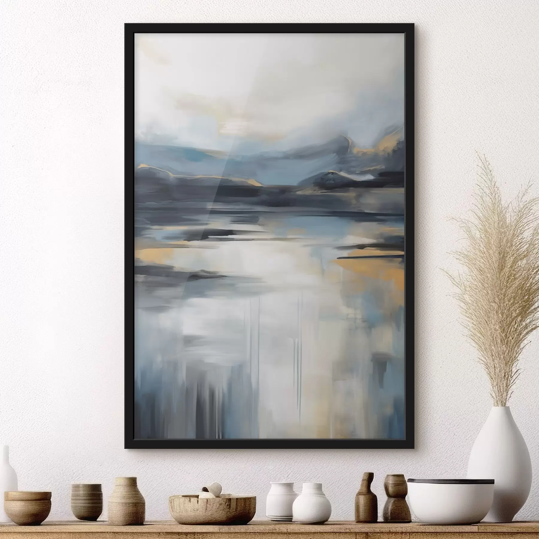 fototapet Peisaj abstract în nuanțe de albastru, gri și galben, cu textură care imită pictura f50946