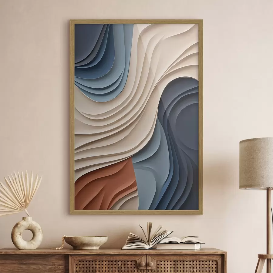 fototapet Straturi abstracte, ondulate, în nuanțe de crem, albastru și portocaliu, artă modernă cu textură f50949