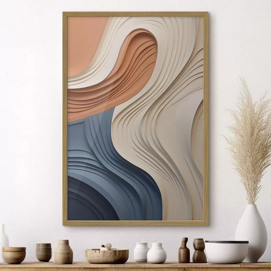 fototapet Straturi abstracte, ondulate, în nuanțe de crem, albastru și portocaliu, artă modernă cu textură f50950